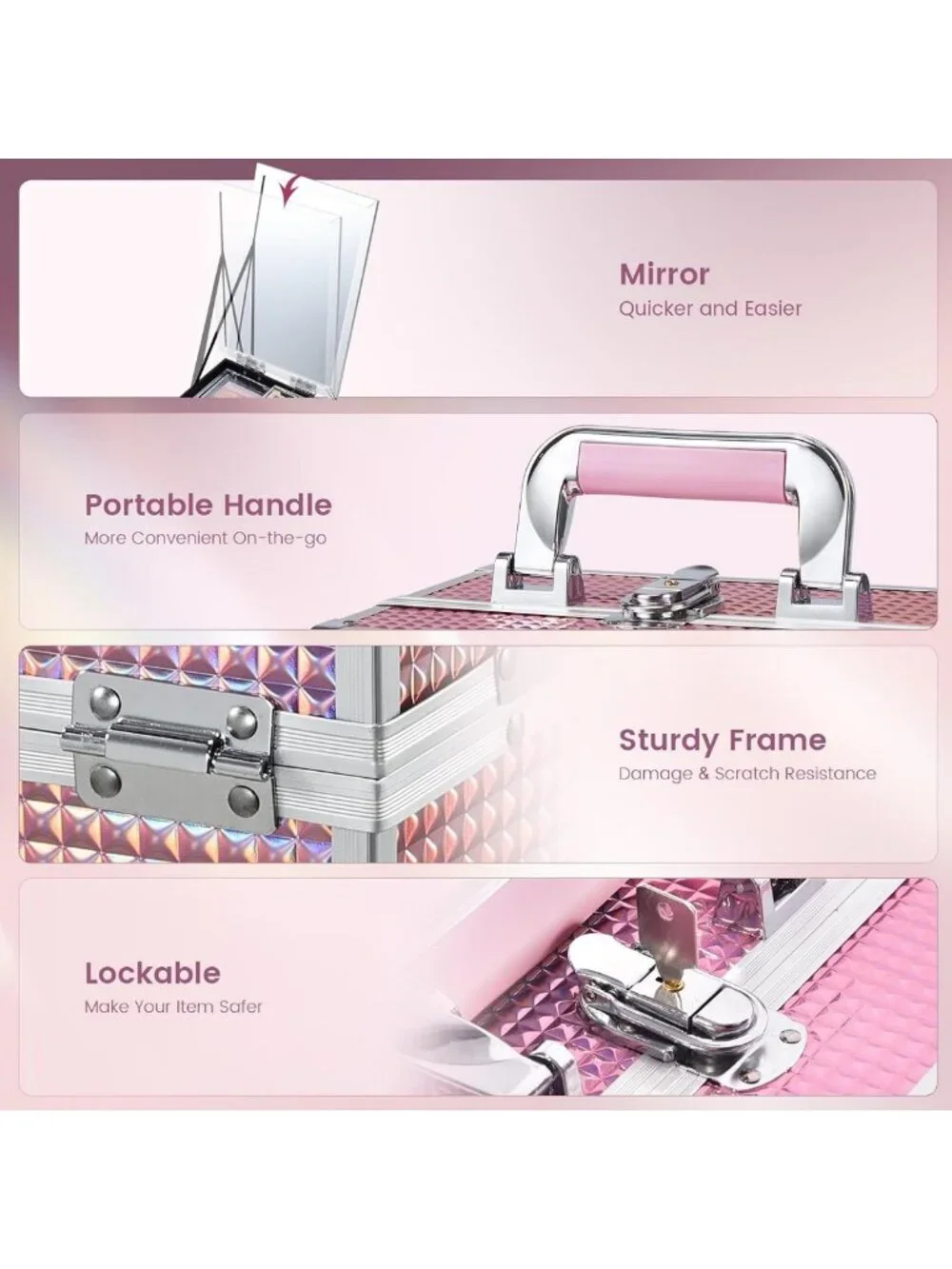 Portable Makeup Organizer with Mirror | Cosmetic Train Case, 2 Trays, Locking